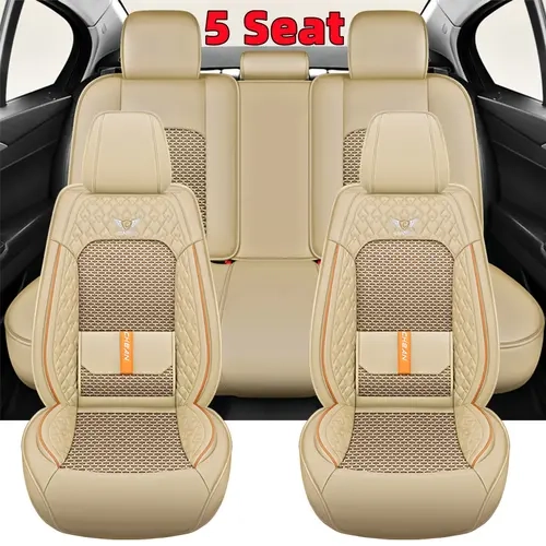 5-Seat Full Coverage Car Seat Covers - Premium PU Leather Automotive Interior Accessories, Waterproof Solid, Breathable, Stain Resistant, Easy Clean Care, Silky Comfort, Waist Support Front/Rear Vehicle Protectors
