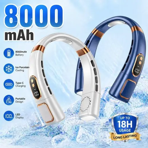 USB Rechargeable Neck Fan with Digital Display, 5-Speed Portable Hands Free Fan, 360° Cooling with Colorful Atmosphere Light#fathersdaygift