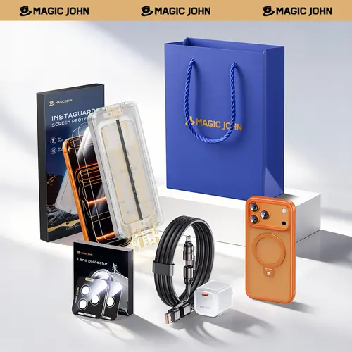 MAGIC JOHN 5-Piece Smartphone Protection Bundle for Black iPhone 17/16/15 Pro & Pro Max - Shockproof 360° Rotating Magnetic Stand Casing, HD/Privacy Tempered Glass Screen Cover, Camera Lens Protector, 45W Super Fast Charger, 65W USB-C 4-in-1 Adapter
