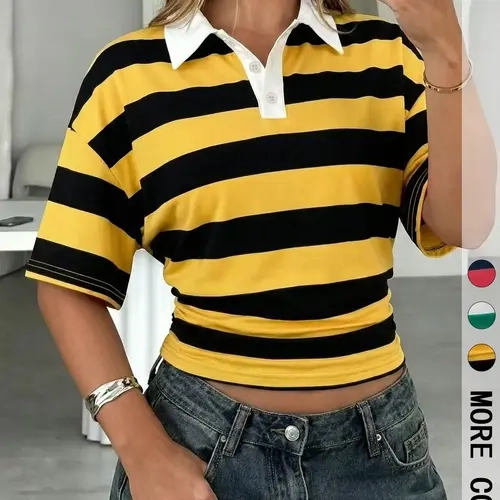 Striped Cropped Buttoned Polo Shirt, Short Sleeve Slim Waist Top for Women, Vintage 90s Chic Streetwear, Y2K Preppy Baddie Daily Casual Outfit, Striped Polo Shirts, Collared Polo