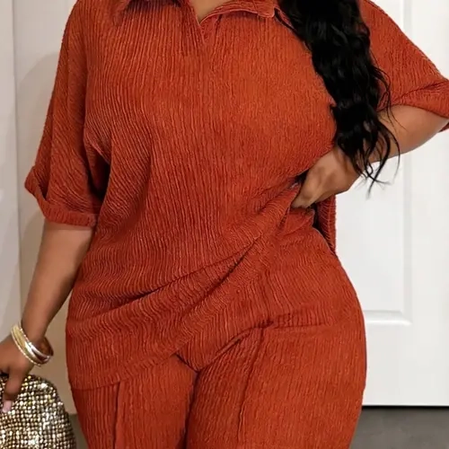 Plus Size Textured Fabric Two-Piece Set, Summer Matching Set, Women's Stand Collar Short Sleeve Top & Pocketed Shorts, Summer Fashion, Casual, Comfortable Daily Wear, Everyday Clothes, Breathable, Loose, Lightweight, Lounge Shorts Set