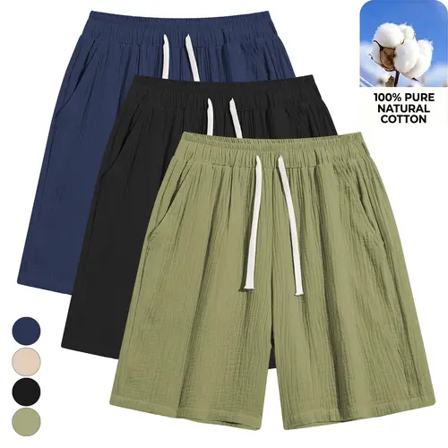 Men’s summer lightweight classic shorts, unisex design, mid-thigh length, drawstring tie closure, 100% cotton—basic, casual, versatile, suitable for everyday wear and commuting outdoors.