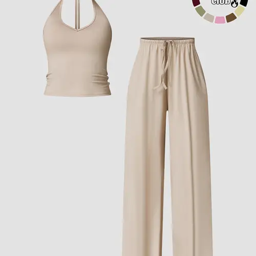 Women's Quick-Dry Tank Top & Bell Bottoms Set, Slim-Fitting Casual, Perfect for Gym & Daily Wear, Trendy 2-Piece Ensemble, Workout Sets
