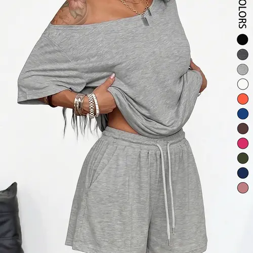 2-Piece Women's Minimalist Basic Daily Wear, Comfortable Off Shoulder T-Shirt and Shorts Outfits, Shortie Set, Casual for Summer Going Out and Sports, Trendy Ladies Fashion Ensemble #GLOBAL PICKS
