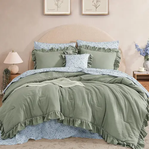 【Back to School】5/7-Pieces microfiber Comforter Set, Modern Farmhouse Coastal Style Bedding Set with Double Sided Storage Pockets, 1 Singale-Stitch Comforter, 2 Pillowcases, 2 Shams, 1 Flat & 1 Fitted Sheet