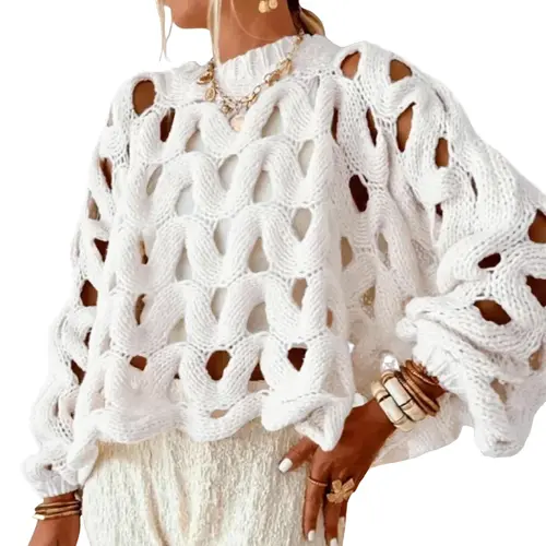 Arssm  Women's Hollow Out Pullover Sweater Oversized Long Sleeve Crew Neck Crochet Chunky Knitted Sweater