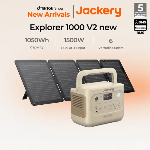Jackery Solar Generator 1000 v2 with 100W Solar Panel,1070Wh Portable Power Station, LiFePO4 Battery,1500W AC Output,1 Hr Fast Charge, for Camping,Emergency, RV, Off-Grid Living(Dune White)