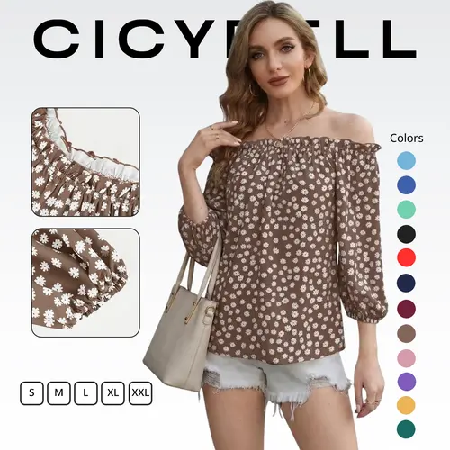 Cicy Bell Womens Summer Off Shoulder Blouse Floral Print 3/4 Sleeve Casual Chiffon Tops Shirts Lightweight Smooth Fabric Elegant Daily Party Office Outfits - Womenswear