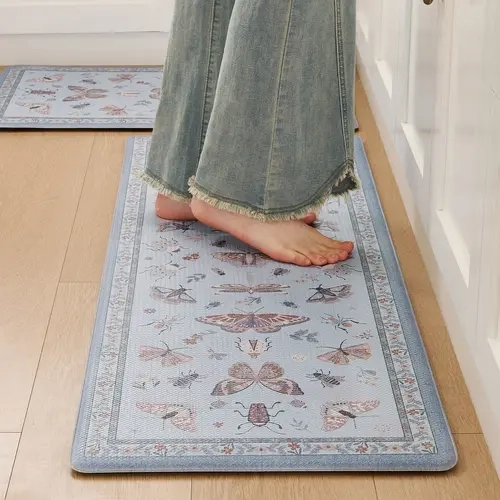 Litanika 2-Piece Anti-Fatigue Kitchen Mat Set - PVC Surface, 0.47 in Thick Butterfly Motif, Memory Foam Thick Padding, Stain-Resistant, Anti-Skid, Waterproof, Ergonomic All-Surface Rugs, Hand Wash Only, Indoor
