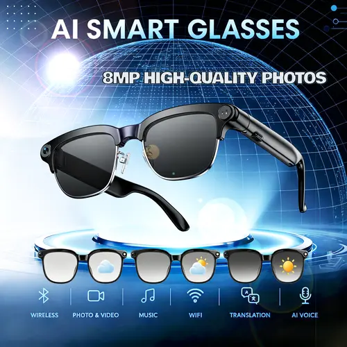 Smart AI Camera Glasses with 8MP Photochromic Lenses ,Button Touch Adjustment for Travel Outdoor Adventures Hands-Free Photography 160+Languages Real-Time Translation Bluetooth Wireless Wearable Video Recording UV Protection