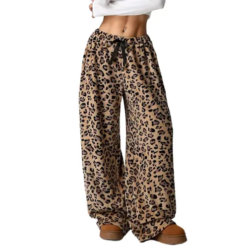 Women Therian Leopard Cheetah Fuzzy Pajama Pants,  High Waist Grunge Fluffy Plush Lounge Pants, Halloween Drawstring Elastic Waist Wide Leg Teddy Pj Bottoms for Ladies