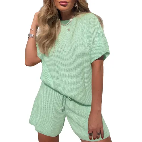 Fisoew Women's 2-Piece Chic Crew Neck Lounge Set, 2026 Summer Short-Sleeve Elastic Acrylic Polyester Knit Tops & Loose Shorts, Comfy Fits, Breathable Casual Travel Outfits, Sets for Women 2 Piece