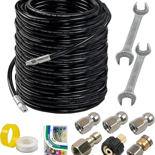 Hourleey Pressure Washer Sewer Jetter Quick Connect Kit - 1/4 in NPT PE Pipe Drain Cleaner, 50/100/200 ft Flexible Hoses, 4.0 Orifice Rotating Jets, Spanner, Tape, Pin, 4000 PSI for Gutters, Drain Cleaning