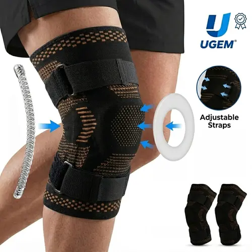 UGEM 2PCS Copper Knee Braces with Adjustable Straps, Professional Knee Compression Sleeve for Men Women, Knee Support for Pain, Running, ACL Recovery, Non-Slip & Maximum Stability