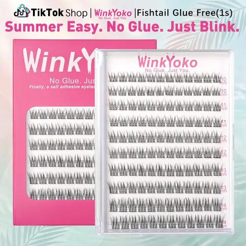 Fishtail Glue Free Lashes, WinkYoko Self Adhesive Lash Clusters, C Curl, Natural Daily 10-14mm, No Glue, Easy 5 Second Apply for Busy Days, Ultra-Thin Invisible Band, Wispy Reusable, Gentle Long-Lasting, DIY Makeup at Home for Girl Gifts