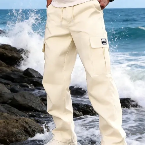 Men's Cargo Pants, Stylish Utility Style Men's Clothing, Casual Loose Fit, Elastic Drawstring Straight-Leg Long Pants, Multi-Pocket Fabric Bottoms for Outdoor Street Wear,sohochic