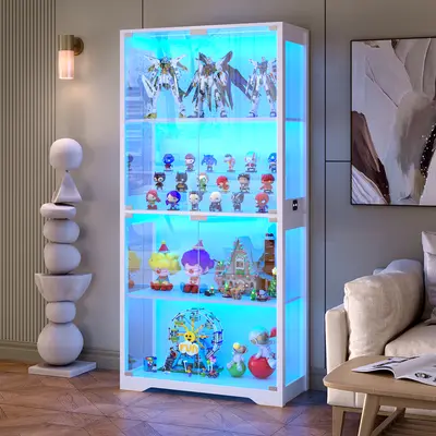 BROTTAR Display Cabinet with Glass Doors, Storage Cabinet with 3 Color Light, 4-Tier Curio Cabinet Bookcase for Collectibles, Toys, Books, for Playroom, Bedroom, Study Room, White/Black