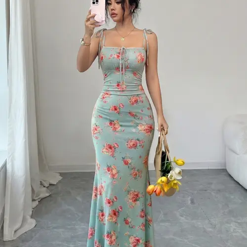 Women's Floral Print Dress, Ruffled Hem and Thin Straps Design, Summer Casual Style, Perfect for Daily Wear and Special Occasions, Casual Elegant Dresses