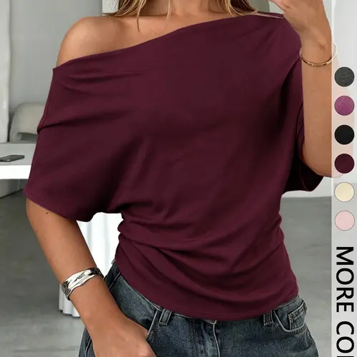 Women's Summer Autumn Casual Basic Plain Asymmetrical Batwing Sleeve Knit T-Shirt, Loose Fit Drop Shoulder Short Sleeve Top