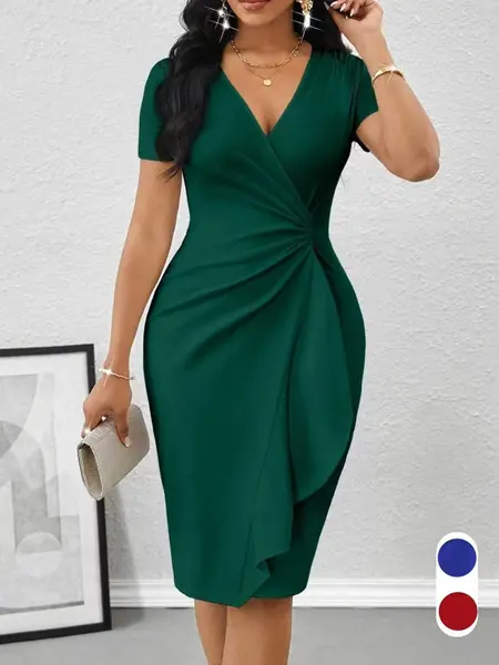 Spring Summer Feminine Elegance Chic Bodycon Party Dress, Womenswear, V Neck Ruffle Wrap Knee-Length Dress, Waist-Cinching Ruched Slim Design, Elegant Formal Dress for Evening Events, Elegant Party Apparel