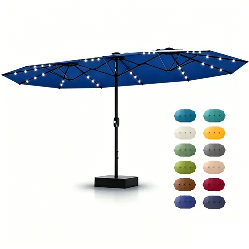 GARVEE 15ft Large Outdoor Patio Umbrella with Polyester Canopy, LED Lights, Double-Sided, Crank Handle, Waterproof, Weighted Base & Sandbag, Fits 10 People, Ideal for Poolside, Garden (Large Outdoor Parasols, Canopies & Shade)
