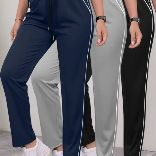 Women's Summer Straight-Leg Pants (3-Pack) - Polyester, Stylish Design, Stretch-Waist Mid Waist, Normal Type, Outdoor-Ready Wear, Ideal for Casual Everyday Use, Women's Bottoms Clothing,sohochic