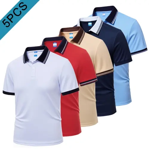 Men's Basic 5-Piece Polyester Polo Shirt Set, Classic Solid/Striped Shortsleeve Tops with Button Detail, Loose-Fit for Golf, Bowling & Business Wear, Menswear in White + Red + Khaki + Dark Blue + Sky Blue, Size M,sohochic
