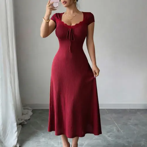 Women's Lace Patchwork Bodycon Dresses, Stretchy Ribbed Womenswear Fashion Dress, Perfect for Casual Daily Wear, Ideal Gift for Her, Casual Everyday Wear