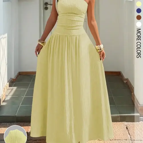 Women's New Cream Yellow Solid Textured Knit Ruched Chic Evening Formal Dress for Summer Elegant Fashion Dress