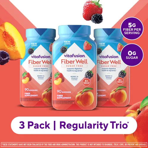 [Vitafusion] 3x Fiber Well Sugar Free Gummies - Regularity Trio - 5g - Berry & Peach Flavor Fiber Gummies - Supports Digestive Health & Regularity - 270 Gummies - 3 Pack