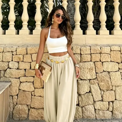 Summer Women's Casual Fashion Plain Long Pants, Loose-Fit Harem Style, Ankle-Length, Elastic Waist, Ideal for Daily Wear