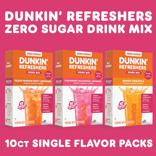 Dunkin' Sugar-Free Refreshers Beverage Mix Sticks - 10-Count Box, Convenient Single-Serve Pocket-Ready Mix Powder, Fruity Blends: Peach Passion Fruit, Strawberry Dragonfruit Lemonade, Mango Pineapple, Green Tea Energy, Low Calories