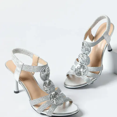 2026 Summer New European Style Sequin Women's Fashionable Heeled Sandals, Adjustable Slingback Back Strap, Wine Glass Heel, Open Toe, Soft Rubber Sole