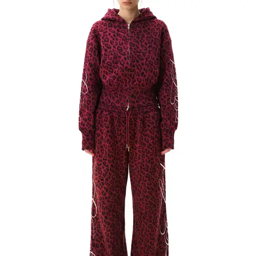 FDR Leopard Print Hoodie & Pants Set, Handwritten "God Is Good" Graphic Oversized Cropped Hoodie with Double Waist Wide Leg Pants, Vintage Y2K Streetwear Two-Piece Outfit for Casual Everyday Wear,clothes for back to school,#TikTokShopBackToSchool