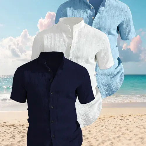 3-Pack Men's Summer Short Sleeve Shirts, Lightweight Breathable Fitted Plain Solid Collar Button Shirt, Ideal for Beach Pool, Casual Wear