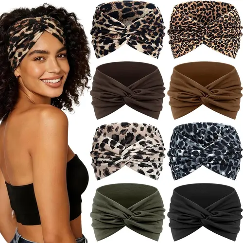 8pcs women's Bohemian leopard print headband, multiple color combinations, fashionable retro headband, Boho, yoga, running sweatband, daily casual wear