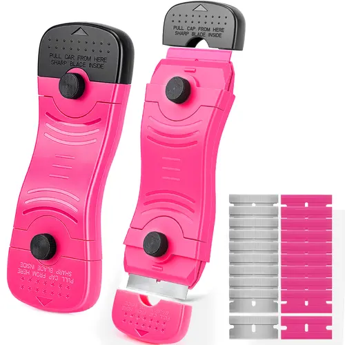THINKWORK Razor Blade Scraper - Pink Razor Scraper Gift for Women, 2-in-1 Scraper Tool Set with 20Pcs Razor Blades for Removing Window Labels, Decals, Stickers, Glass Stove Top (2 Pack)