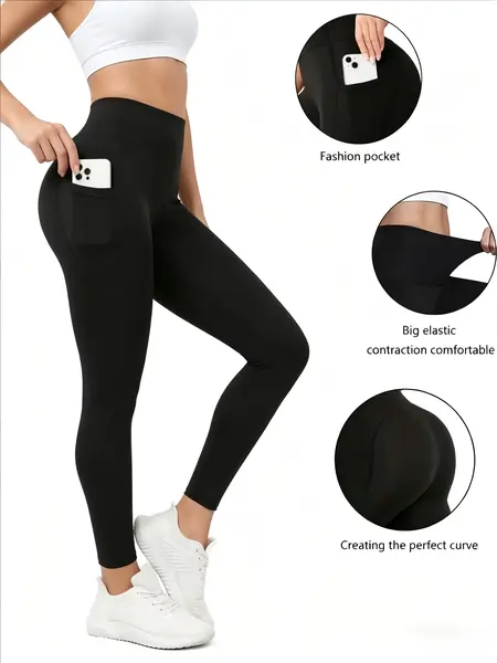 Women's Solid High Waisted Leggings with Pockets, Non See-Through Tummy Control Workout Pants for Yoga and Cycling, Workout Wear