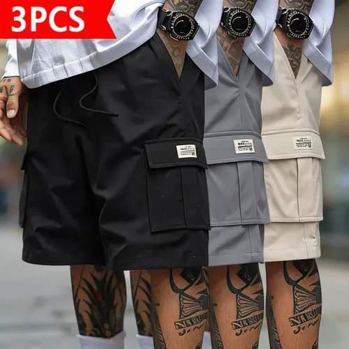 3-Pack Men’s Cargo Shorts Bundle – Heavy-Duty Ripstop Fabric, Utility Pockets, Adjustable Waist - Ready for Workouts, Hiking, and Construction; Menswear,Summer Value Set,Suitable For Daily Wear And Dates