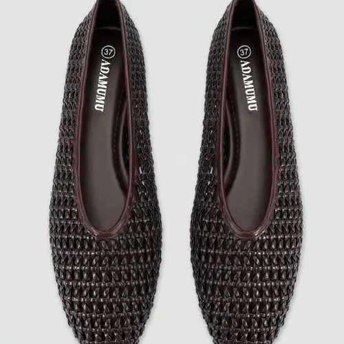 Adamumu New PU Leather Handmade Braided Low Heel Flat Shoes for Women, Fashionable Flats, Hollow Out Texture Design, Comfortable Daily Wear, Vintage Luxury Braided Ballet Flats