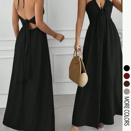 Women's Solid Color Backless A-Line Halter Strap Casual Sundress with Tie-Up Drawstring Details, Summer Long Dress