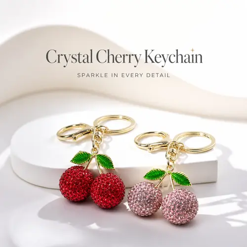 Ladies' Lightweight Full Diamond-Inlaid Cute Cherry Keychain - Crystal Casual Bag Accessory, Rhinestone Purse Charm, Fashion All-Match Pendant, Valentine/Anniversary Gift with Phone Strap & Charm Accessory, Crystals