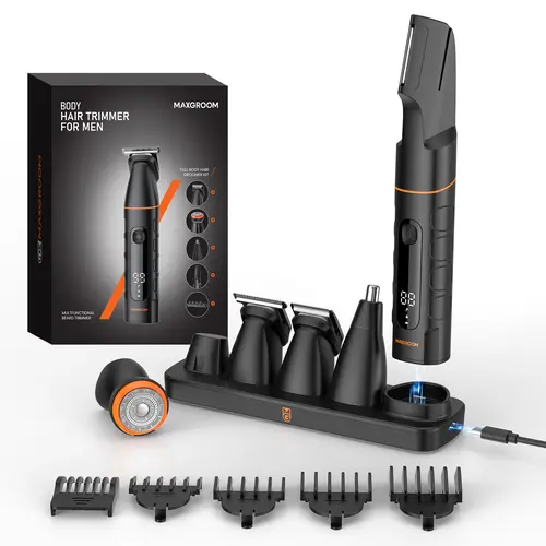 MAXGROOM All-in-One Body & Pubic Hair Trimmer for Men, No-Nick Groin & Ball Shaver, Waterproof Mens Electric Grooming Kit with LED Display, USB Rechargeable (Black)