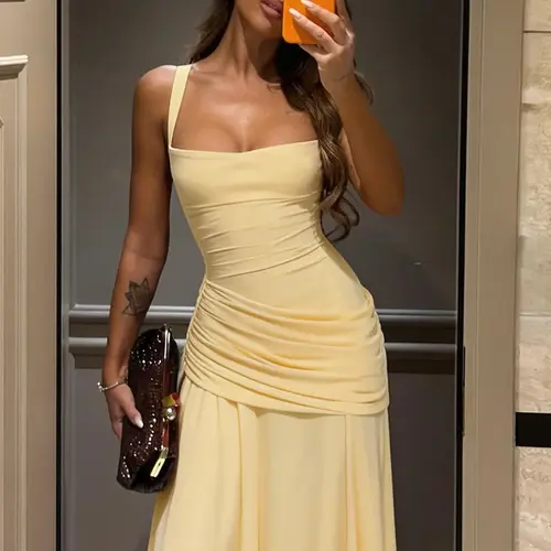 Women's, Solid Color Tie-back Sleeveless Bodycon Slip Dress, Criss Cross Straps Back Lace-up Ruched Slim Fit Maxi Dress Minimalist, Party Club Date Evening Formal Gown Casual Long Dresses For Ladies All Seasons Fashion Wear