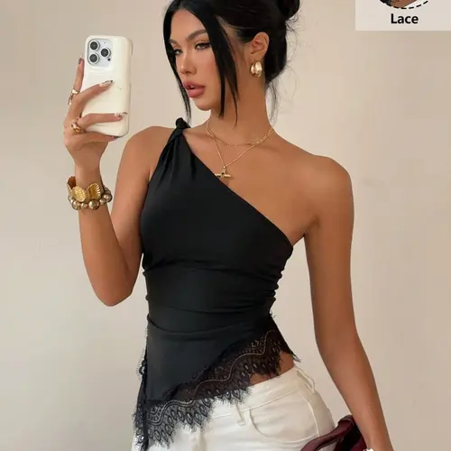 Sexy Asymmetrical One-Shoulder Lace Top, Polka Dot Fitted Crop Tank, Elegant Party Wear, Christmas Event, Versatile Women's Clothing, Womenswear