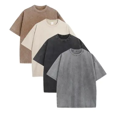 Men’s 4-Pack 100% Cotton Relaxed-Fit Acid-Wash Short-Sleeve Plain Crew Neck T-Shirts, Retro 90s Vintage Casual Street-Style Tops, Summer Baggy Gym Basics, Shortsleeve