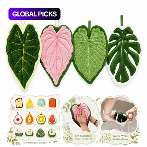 4-Pack Leaf-Shaped Hanging Hand Towels, Cute Coral Fleece Tropical Plant Design, Kitchen Linens, Versatile, Highly Absorbent, Quick-Dry, No Shedding, for Bathroom/Kitchen/Living Room #GLOBAL PICKS