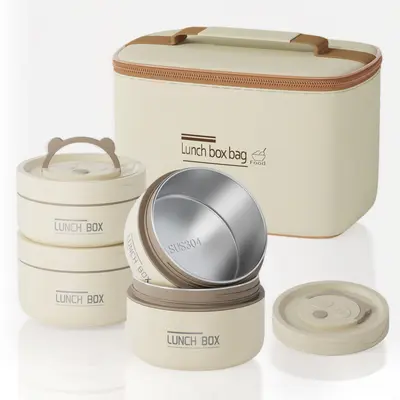 Portable Insulated Lunch Boxes - 3-Layer Stainless Steel, 3/4-Piece Stackable Tableware Food Storage Set with Insulated Bag for Travel, Camping, 3-Layer Stainless Steel Lunch Boxes