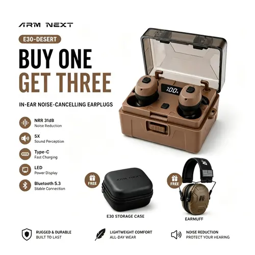 ARM NEXT FieldOps Tactical Earbuds E30 Hearing Protection with Bluetooth, 31dB Noise Reduction for Shooting Wireless Tactical Earbuds with Sound Pickup, Bluetooth 5.4, 50H Playtime, LED Display, for Hunting & Work outdoorfun fathersdayg tiktokshopbacktosc