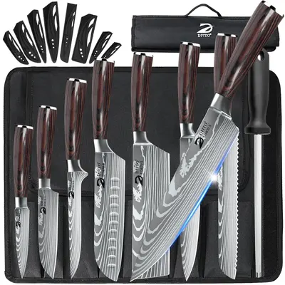 9Pcs Kitchen Chef Knife, Professional Chef's Knife Set, Sharp knives for the kitchen High Carbon Stainless Steel, Japanese Cooking Knife with Roll Bag Retro Blade#DealsForYouDays